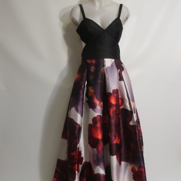 Womens Monique Lhuillier Plum Black Red Strappy V-Neck Floral Maxi Gown Dress 8 - Picture 4 of 15